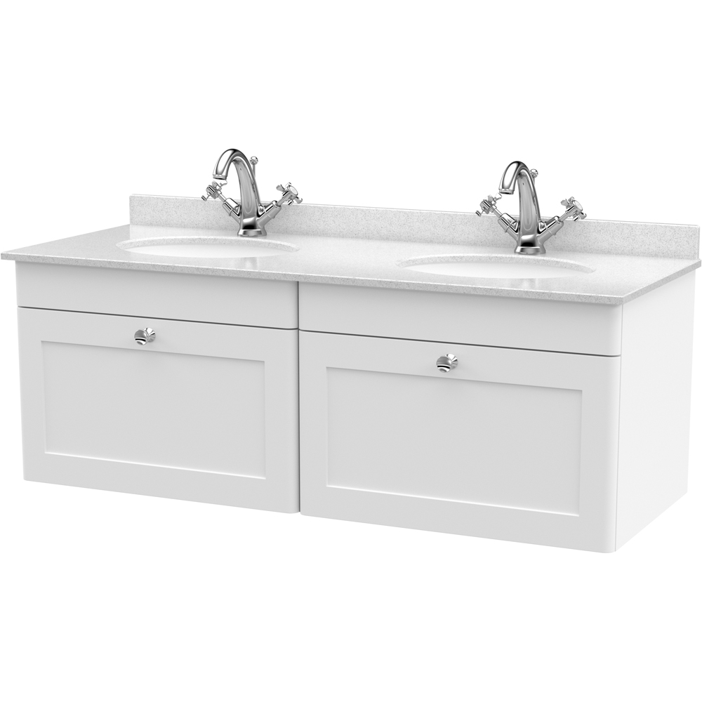 nuie Classique 2 Drawer Satin White Wall Hung Unit and 1 Tap Hole Marble Basin 1200mm Image 1