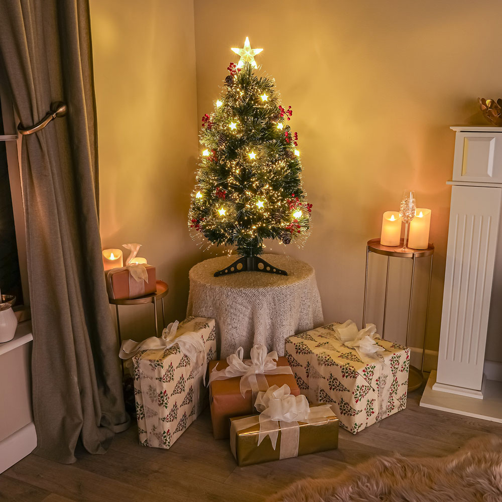 The Christmas Centre 12 Warm White LED Green Fibre Optic Artificial Xmas Tree with Berries Cones 3ft Image 2