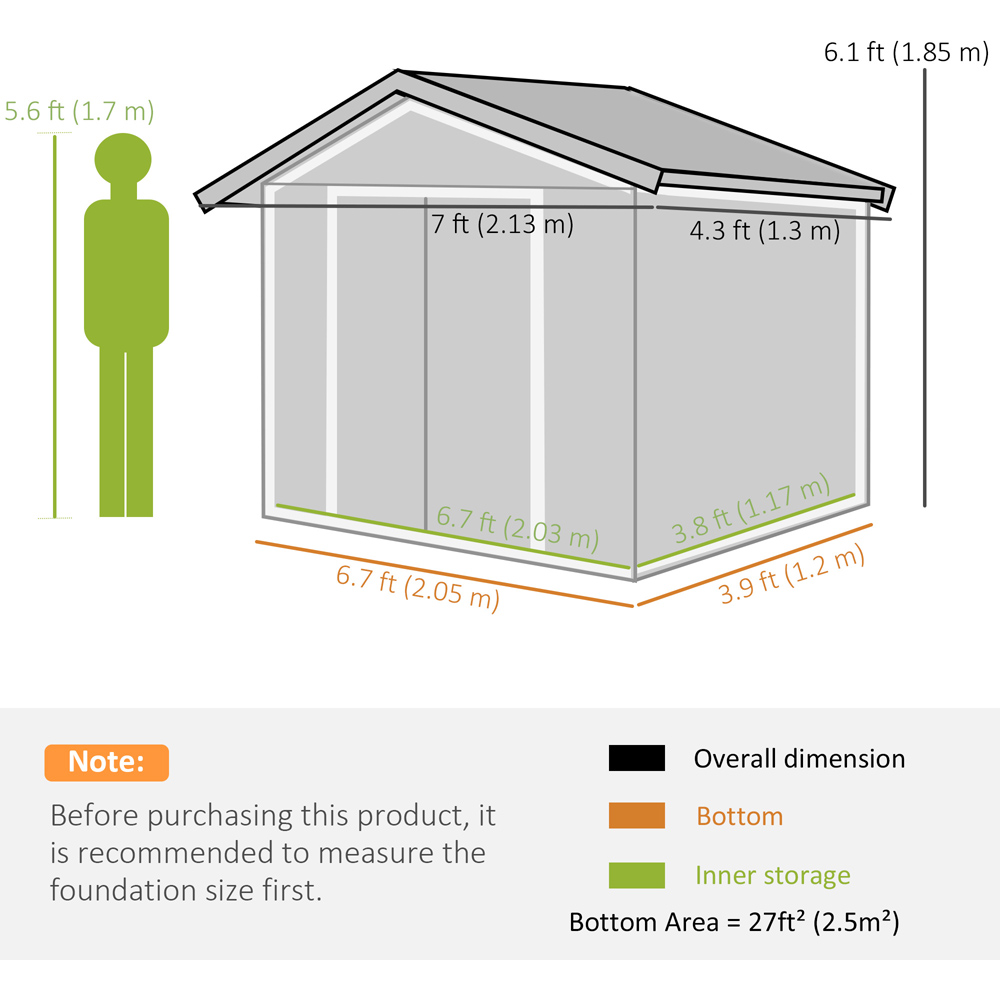 Outsunny 7 x 4ft Light Green Garden Shed Storage with Foundation Kit and Vents Image 7
