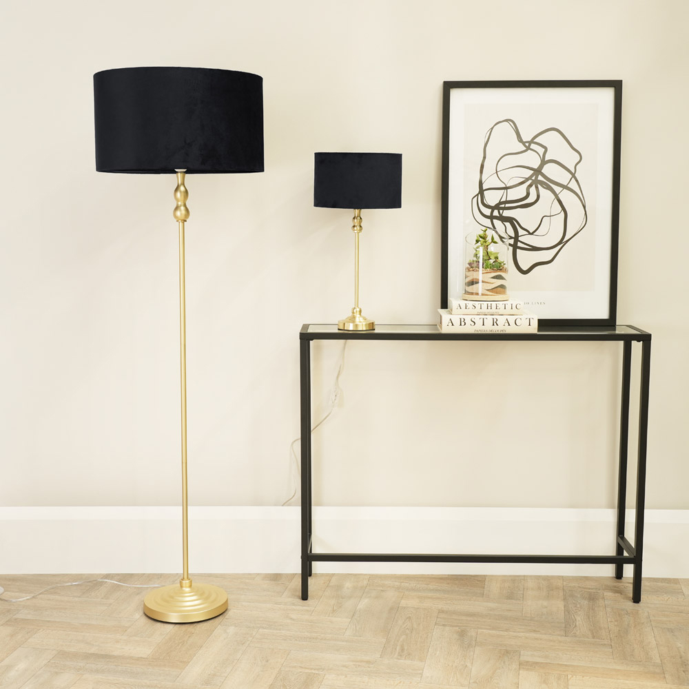 ValueLights Maggie Black Velvet and Gold Drum Shade Candlestick LED Floor Lamp Image 5