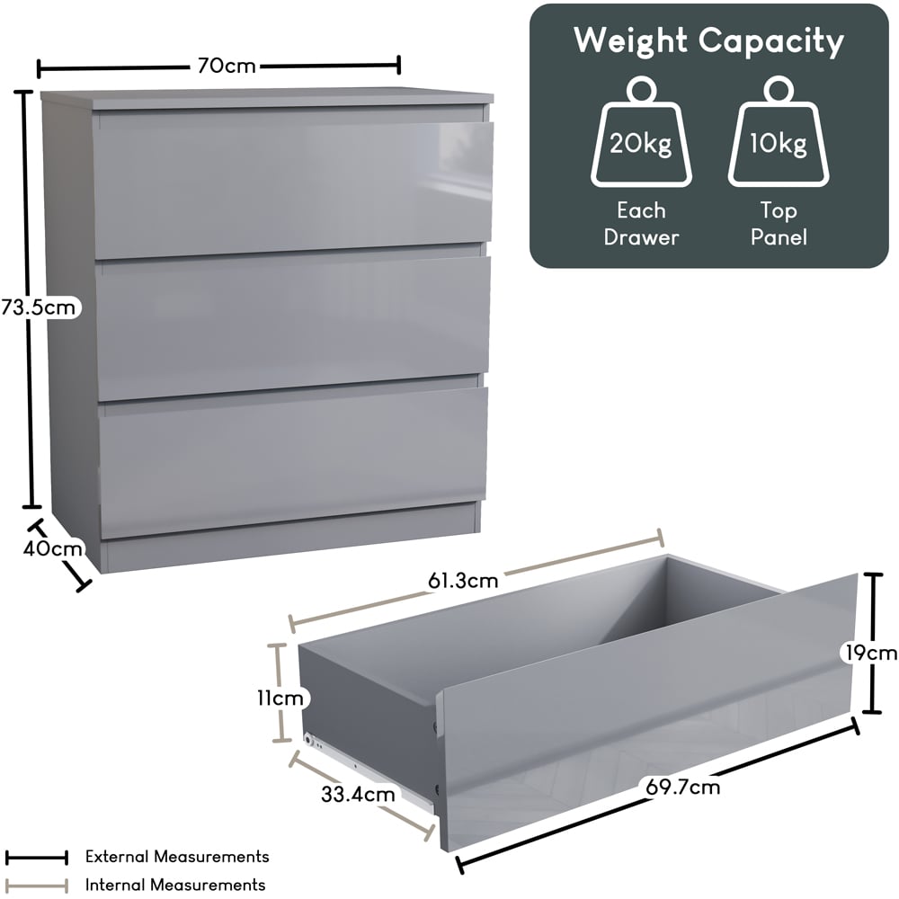Vida Designs Glinton 3 Drawer Grey Chest of Drawers Image 9