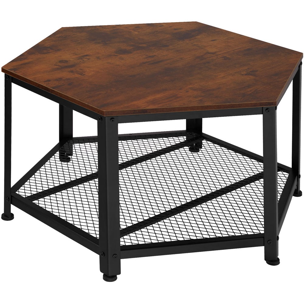 tectake Norwich Single Grid Shelf Dark Wood Hexagonal Coffee Table Image 2