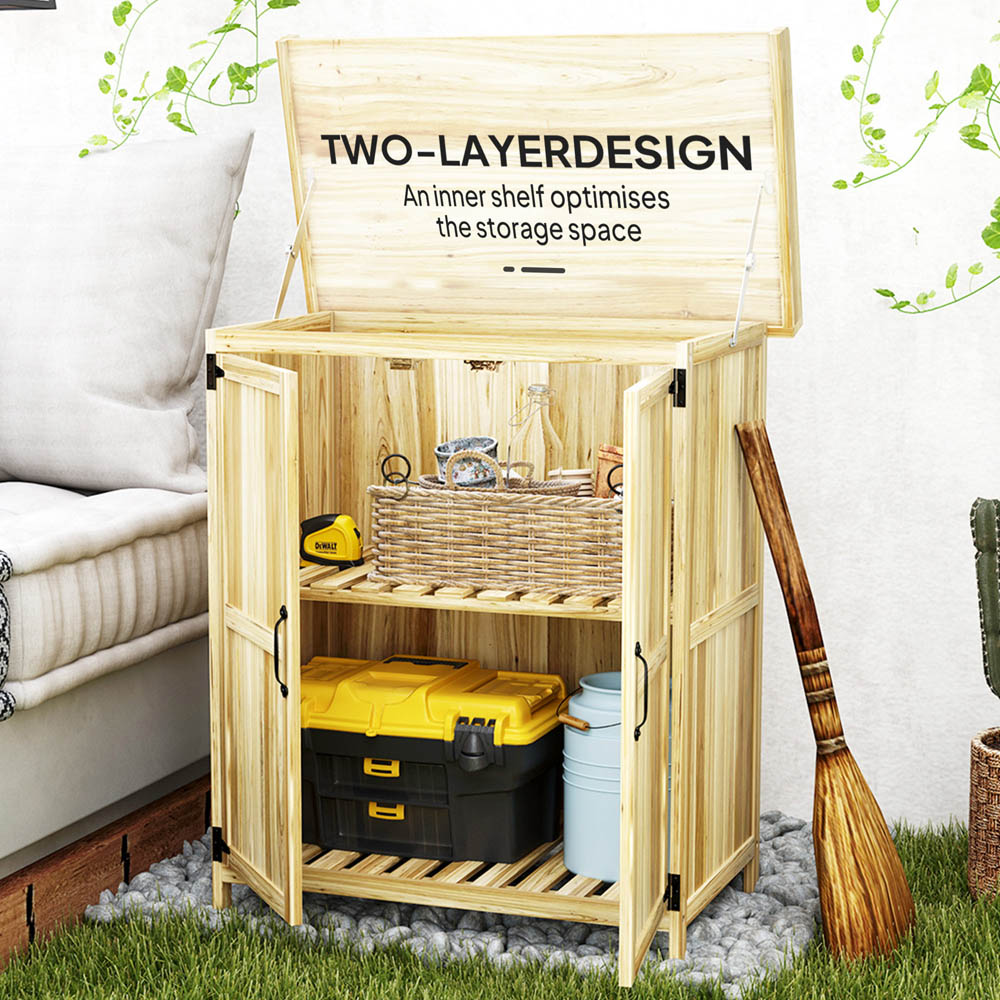 Outsunny 2.4 x 2.4ft Natural Wood Garden Storage Shed with Hinged Roof and Shelf Image 6
