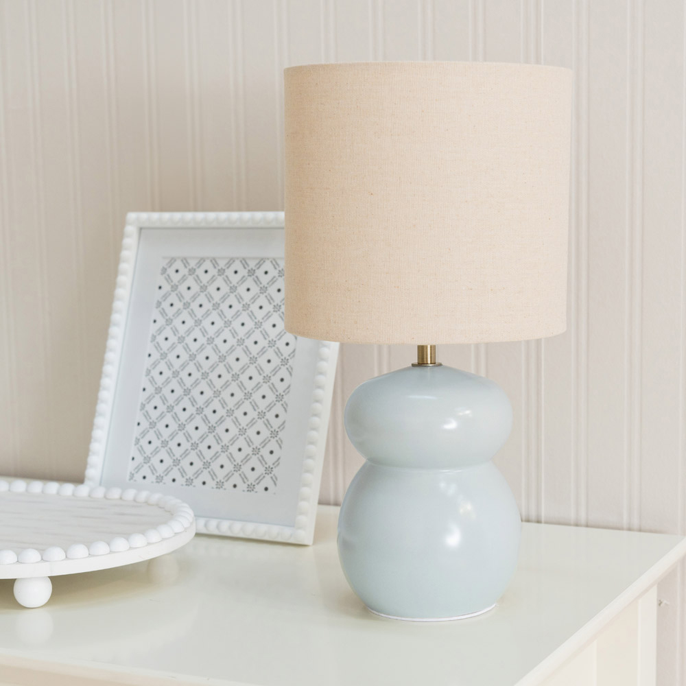 ValueLights Kendal Natural Linen Drum Shade Blue Glazed Ceramic LED Table Lamp Image 3