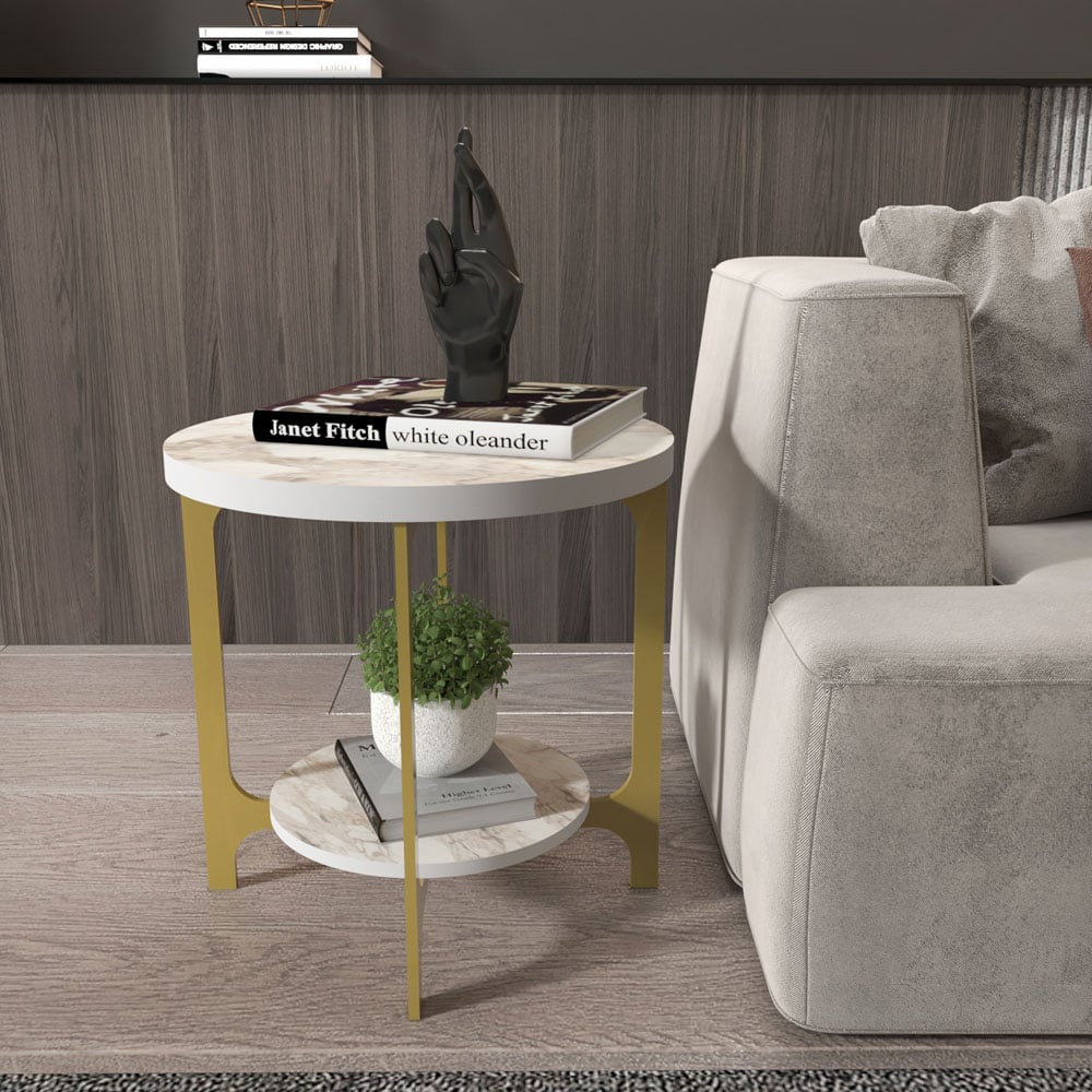 Decorotika Versy White Marble Effect and Gold Round End Table Image 5