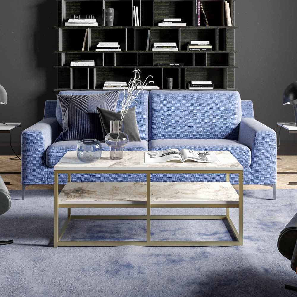 Decorotika Forteus Single Shelf White Marble Effect and Gold Coffee Table with Metal Legs Image 5