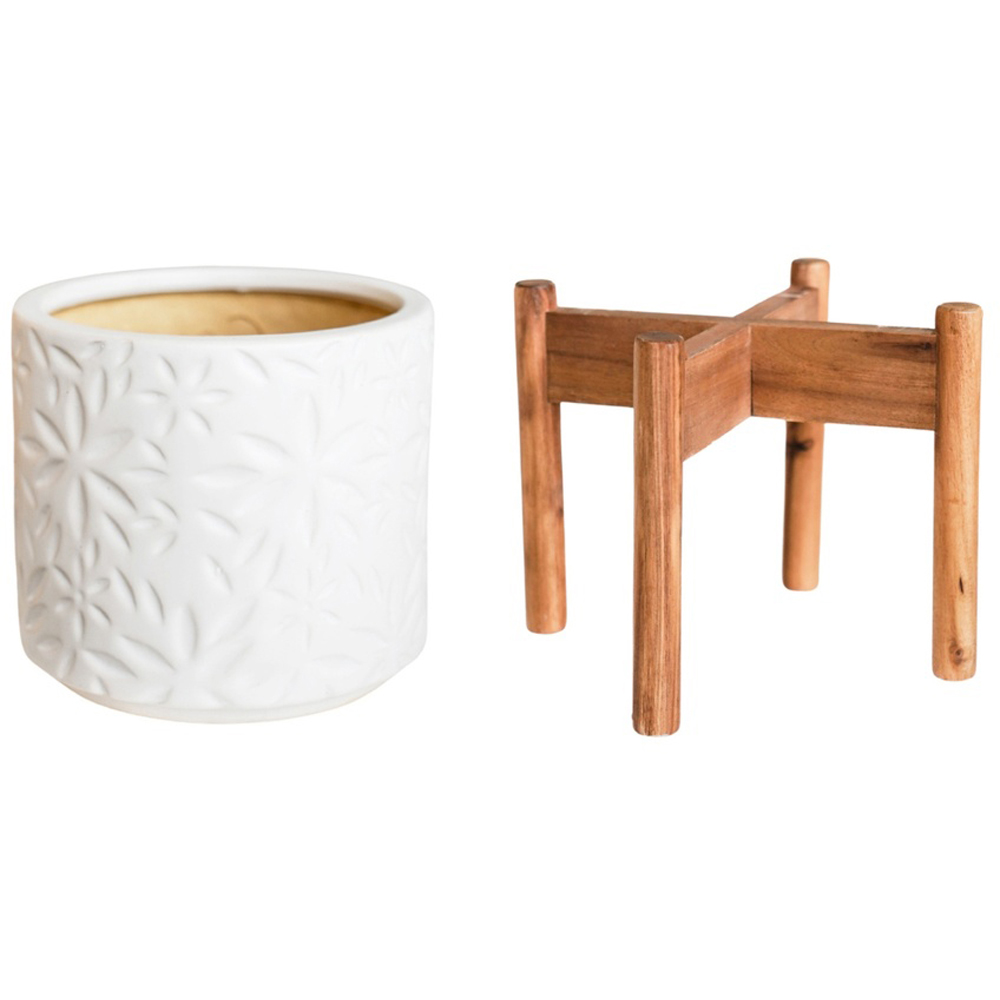 Ivyline Aspen White Flower Planter with Wooden Stand 22cm Image 2