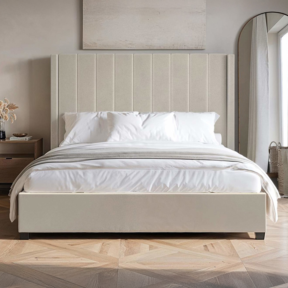 Flair Tiggy King Size Beige Velvet Ottoman Bed with Winged Headboard Image 5