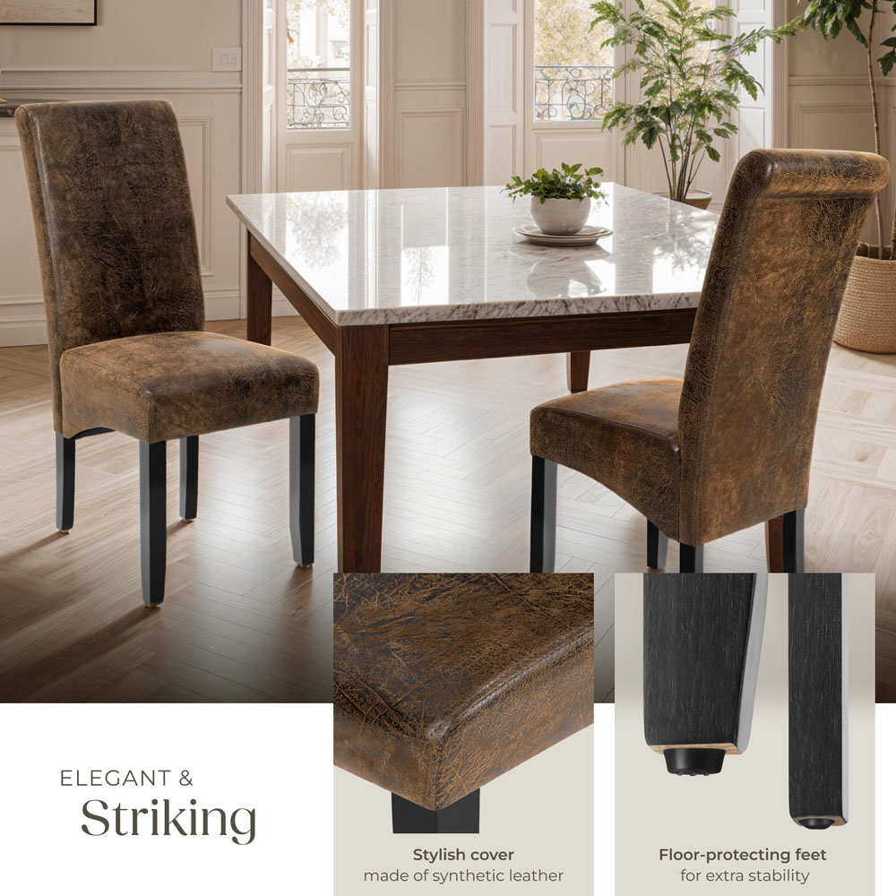 tectake Set of 2 Antique Brown Faux Leather High Backrest Dining Chair Image 4