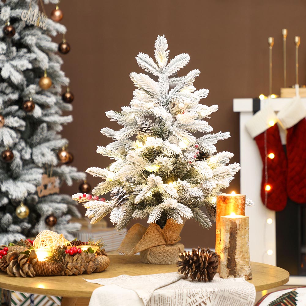 Everglow Pre-Lit Snow Flocked Tabletop Artificial Christmas Tree with Pinecones and Berries 2ft Image 2