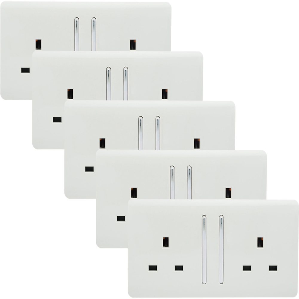 Trendi Switch 2 Gang 13amp Ice White Long Switched Plug Socket 5 Pack Image 1