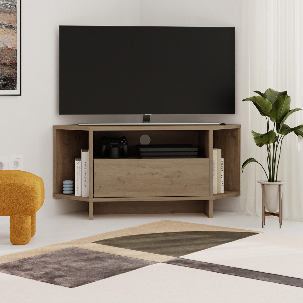 Decortie Viva Single Door 3 Shelf Oak Effect Corner TV Stand Image 5