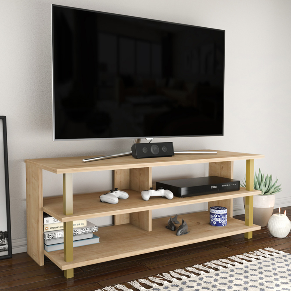 Decorotika Pueblo 4 Open Shelf Gold and Oak Wide TV Unit Image 6