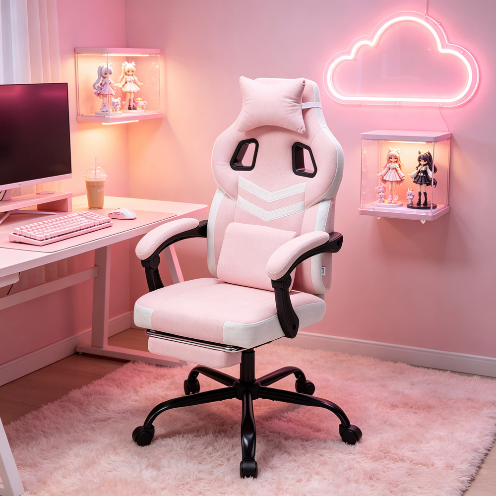 Living and Home Pink and White Padded Gaming Chair with Footrest Image 8