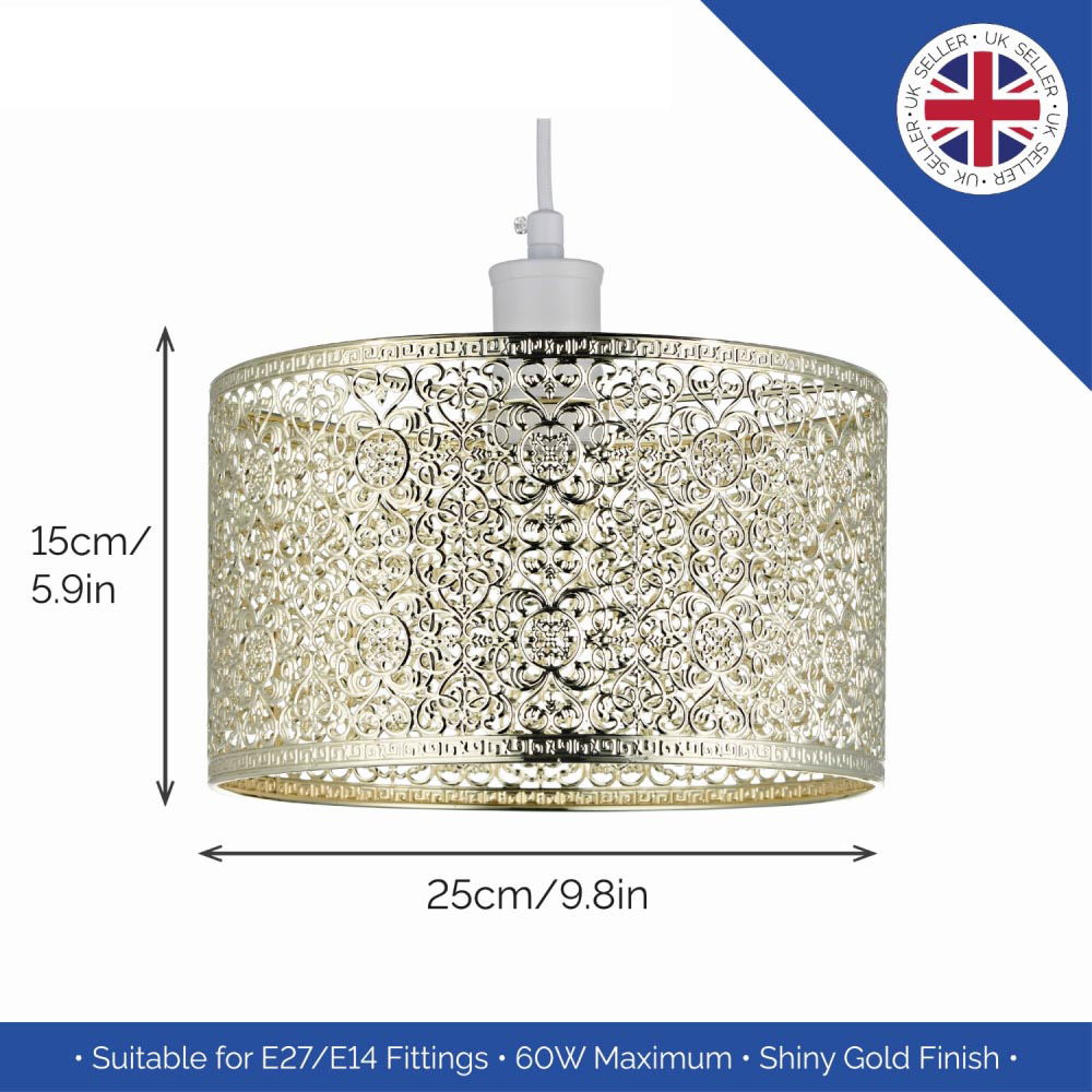 Happy Homewares Moroccan Style Ornate Shiny Gold Metal Pendant Shade Image 6