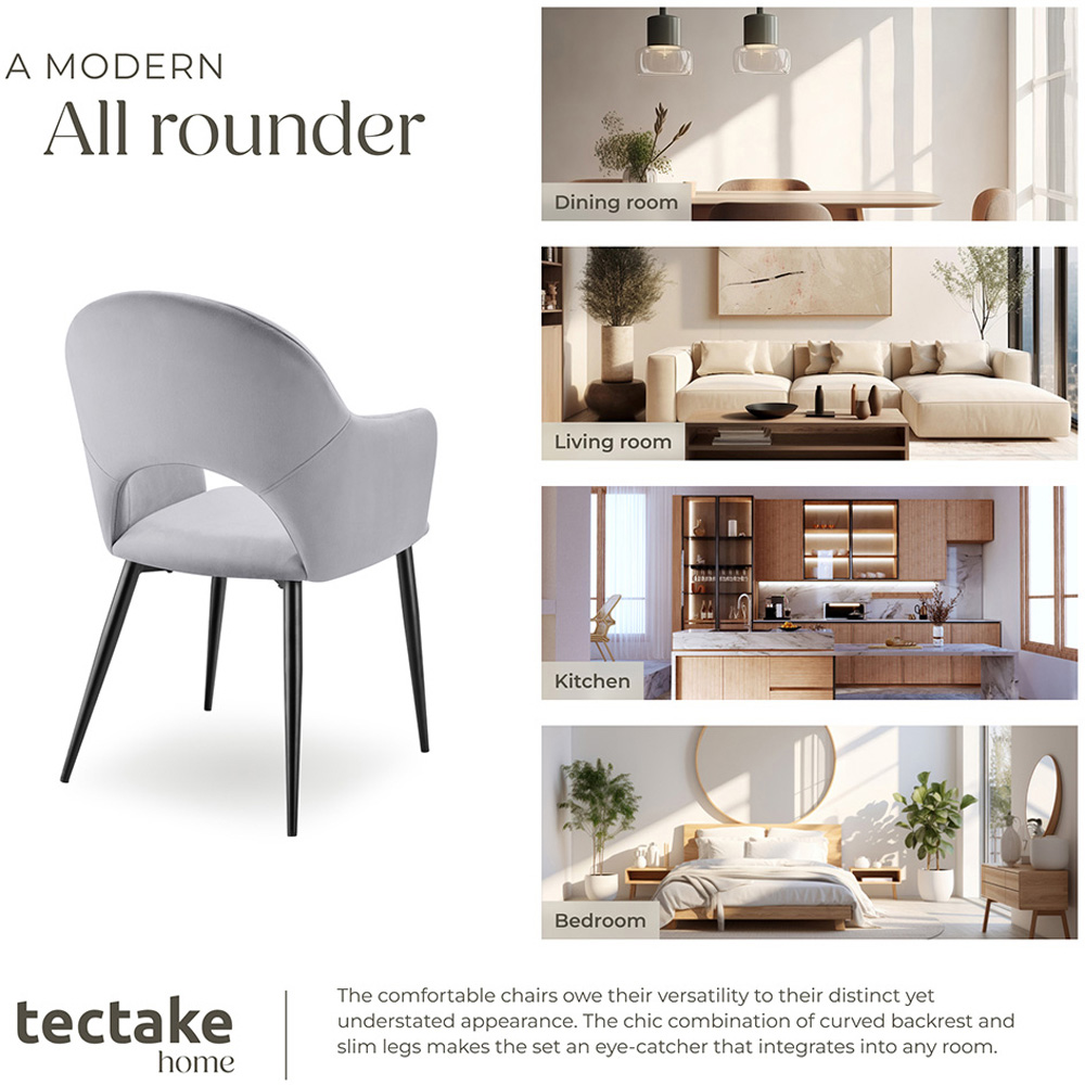tectake Sasha Set of 2 Light Grey Velvet Dining Chair Image 7