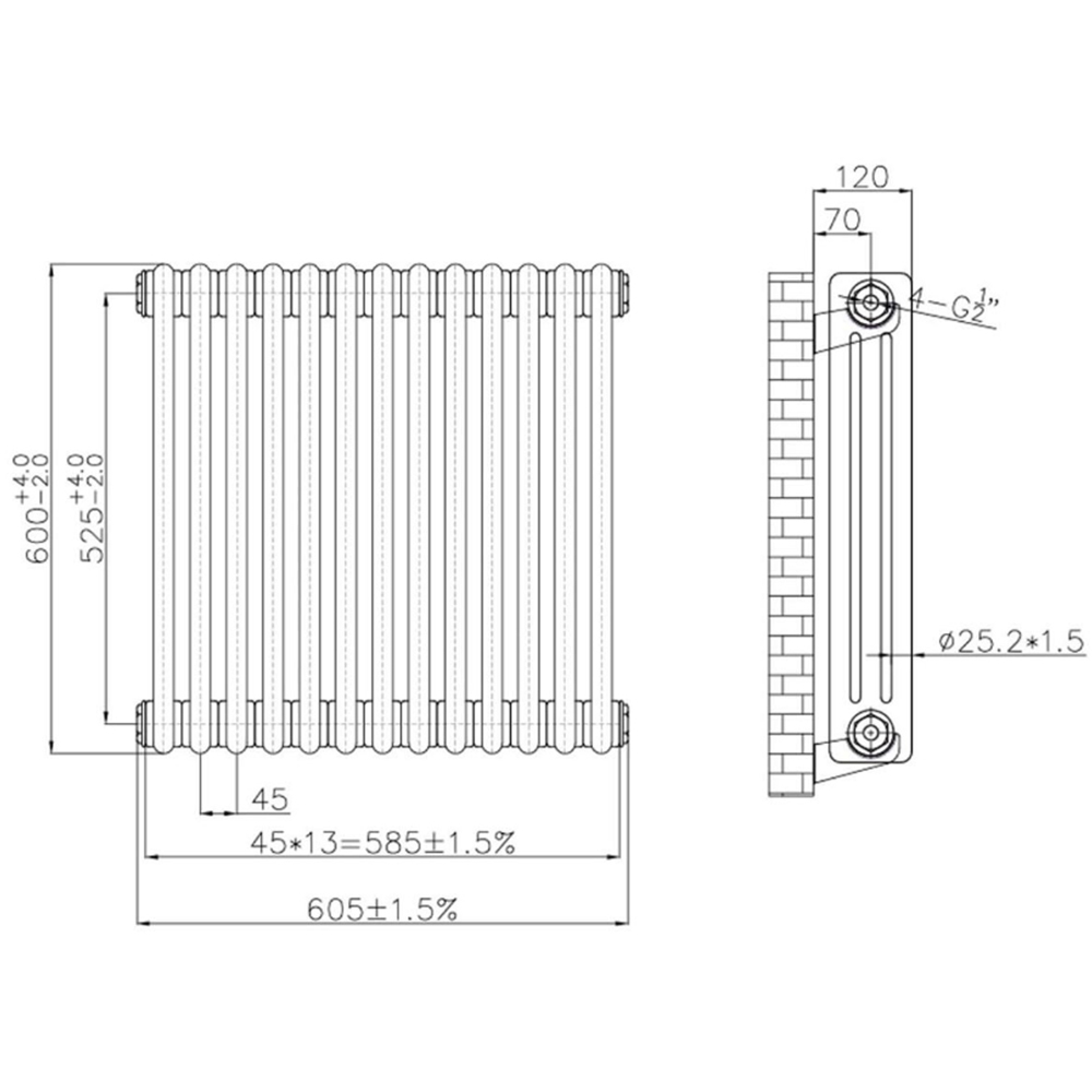 Go Bathrooms Clarence Antique Brass 3 Column Radiator 600 x 605mm Image 3
