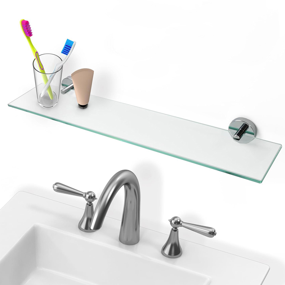 Nes Home Single Shelf Clear Glass Bathroom Rack with Round Chrome Brackets Image 2