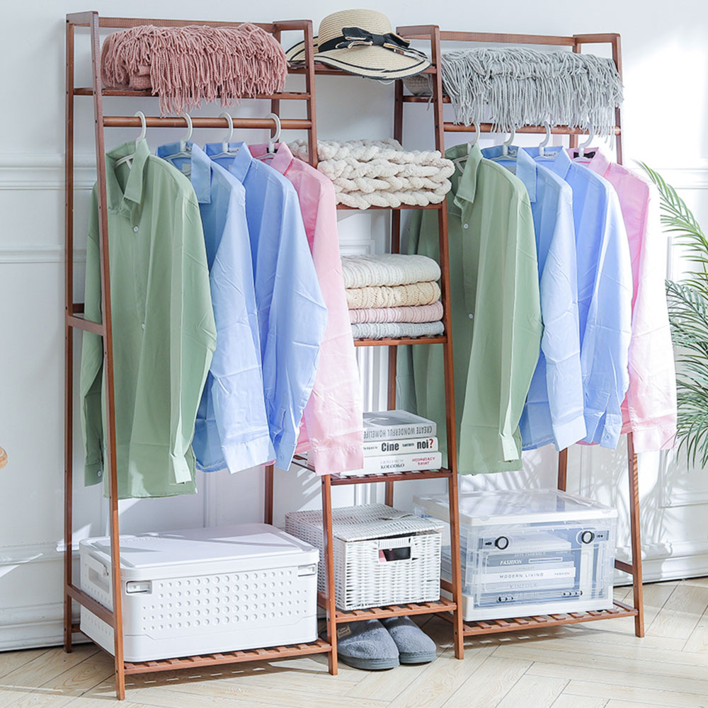 Living and Home Multi-Tier Brown Bamboo Clothing Rack with Storage Shelf Image 2