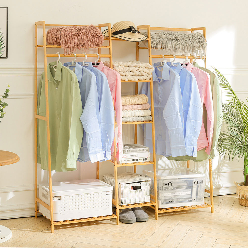 Living and Home Multi-Tier Natural Bamboo Clothing Rack with Storage Shelf Image 2