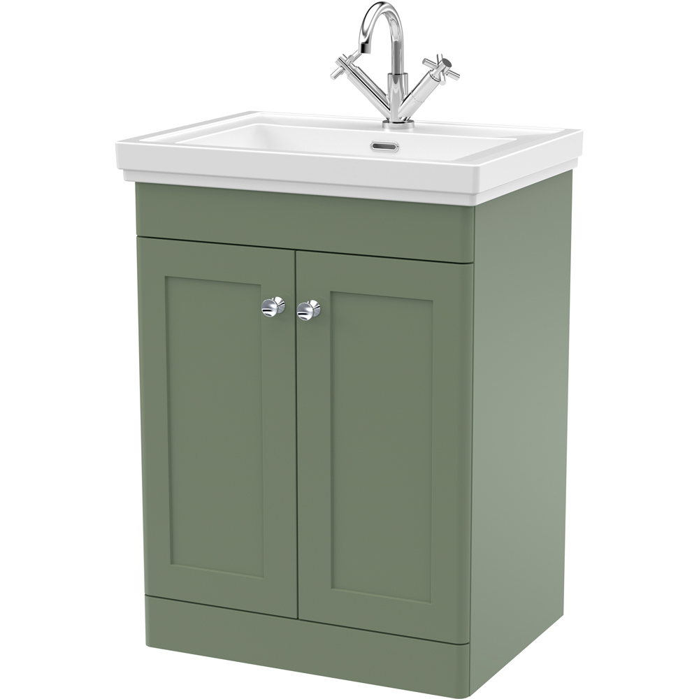 nuie Classique 2 Door Satin Green Floor Standing Vanity Unit and 1 Tap Hole Fireclay Basin 600mm Image 1