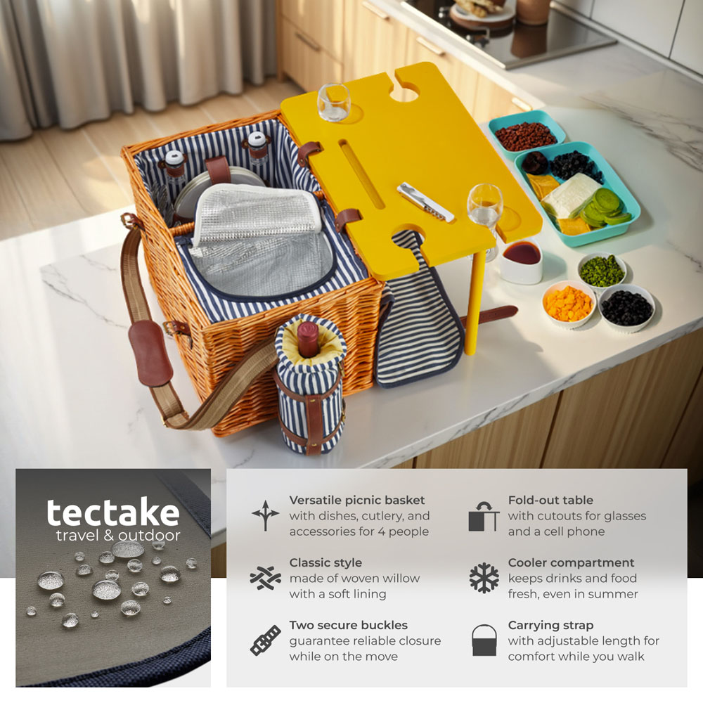 tectake Rugen 4 Person Picnic Basket with Cooler Compartment and Accessories Image 6
