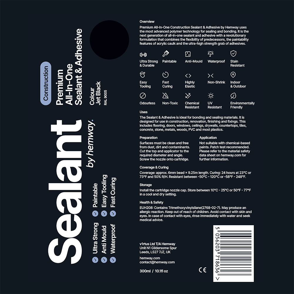 Hemway Premium All-in-One Jet Black Sealant and Adhesive 300ml 3 Pack Image 8