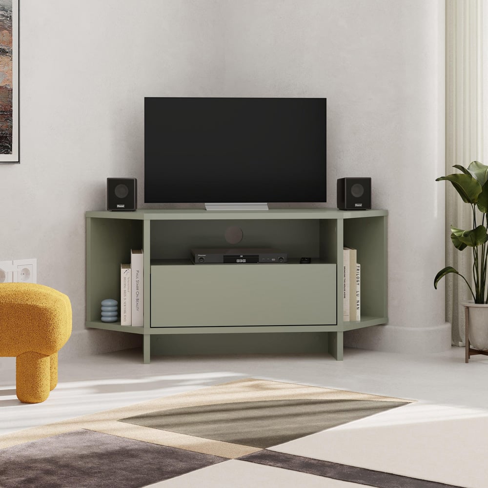 Decortie Viva 3 Shelf Single Cabinet Ash Green Finish Modern Corner TV Stand Image 4