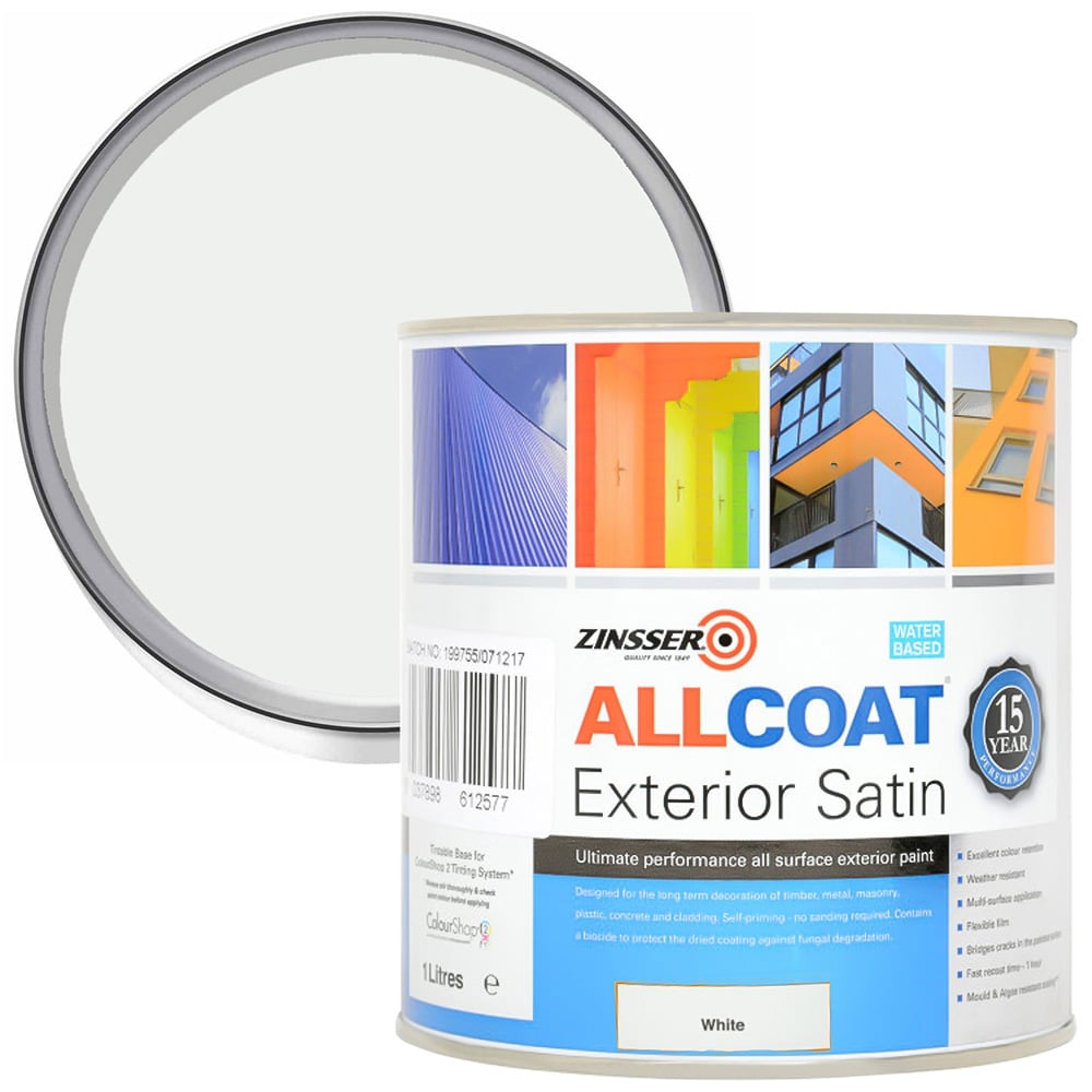 Zinsser Allcoat White Water Based Exterior Satin Paint 1L Image 1