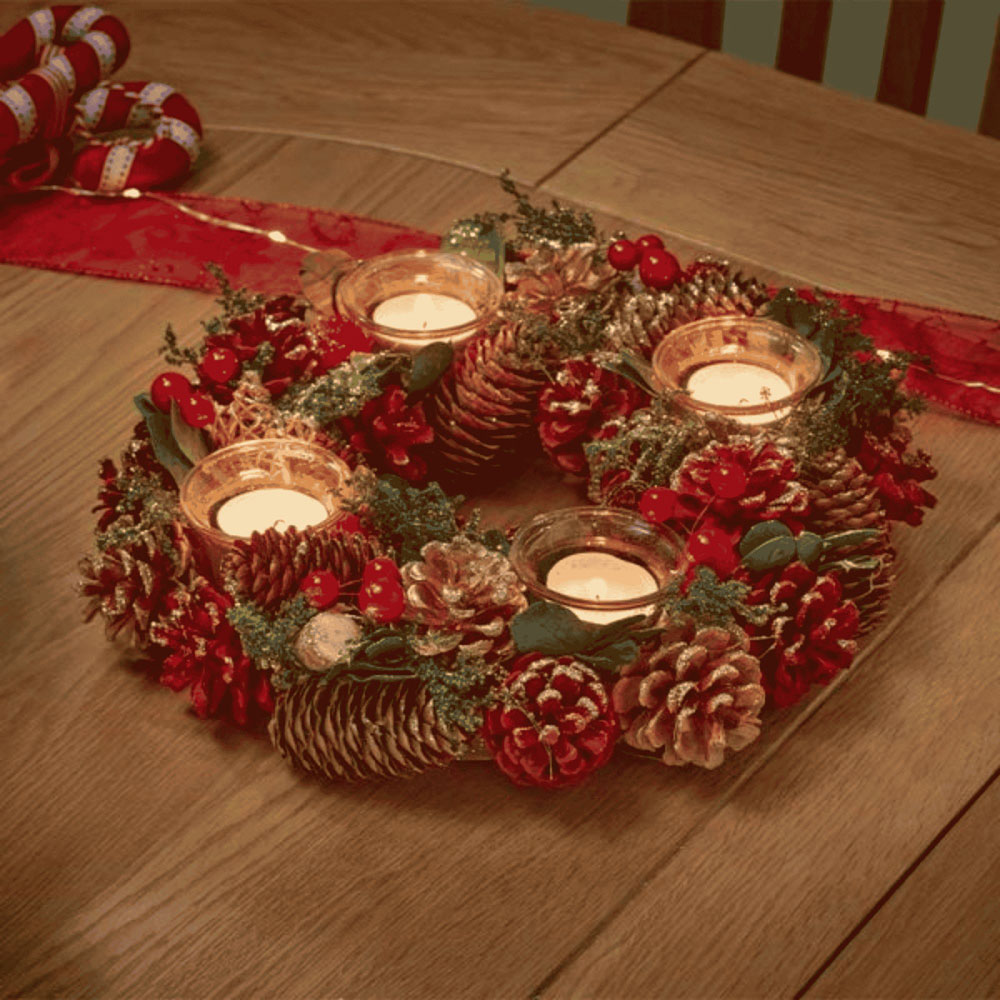 Samuel Alexander Red Christmas Bauble Quartet Candle Holder with Pinecones and Berries 33cm Image 2