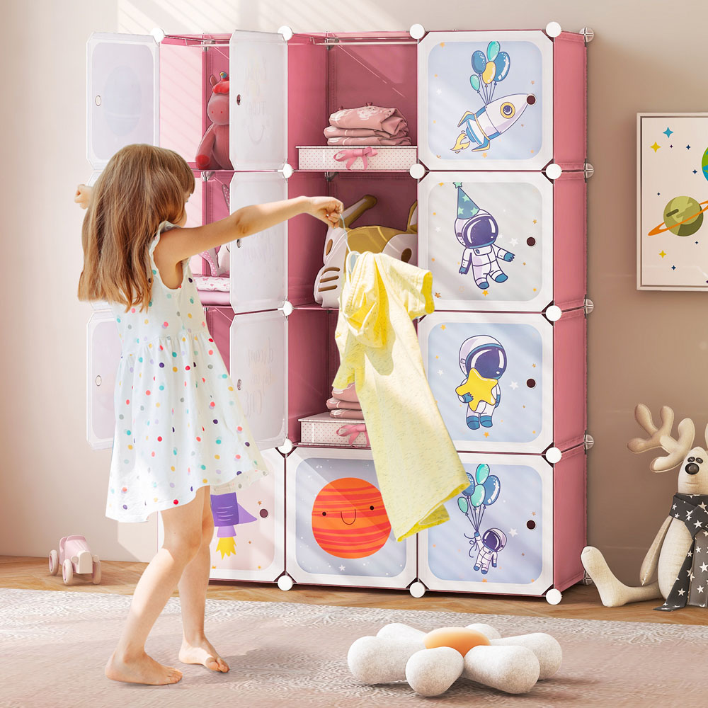 Costway 12 Cube Pink Portable Kids Wardrobe with Hanging Section Image 3