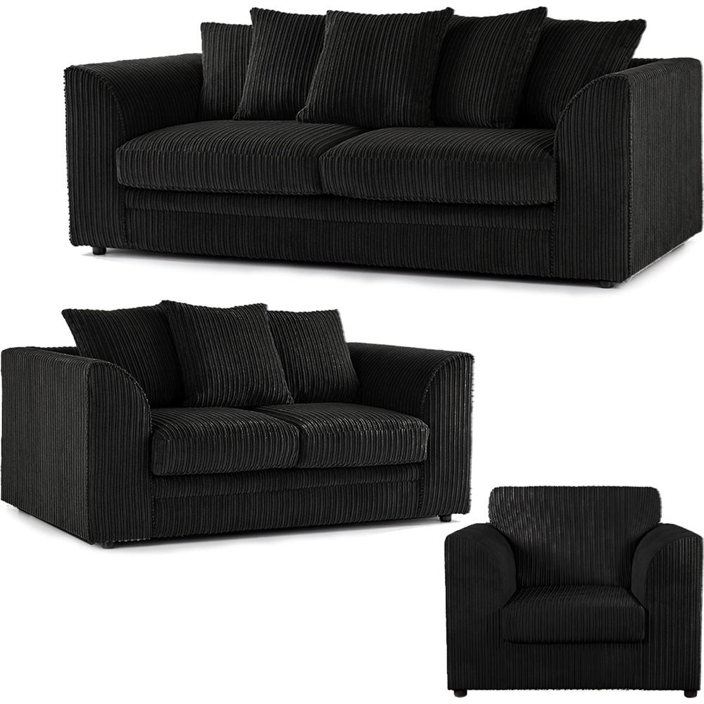 Luxor 6 Seater Black Jumbo Cord Scatter Back Sofa Suite Image 2