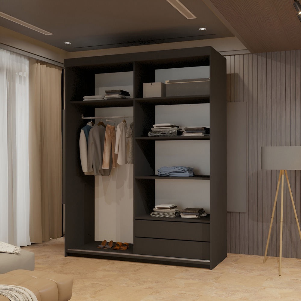 Sliding Wardrobes 4U Queen 2 Door Black Full Length Mirrored Sliding Wardrobe 150cm Image 3