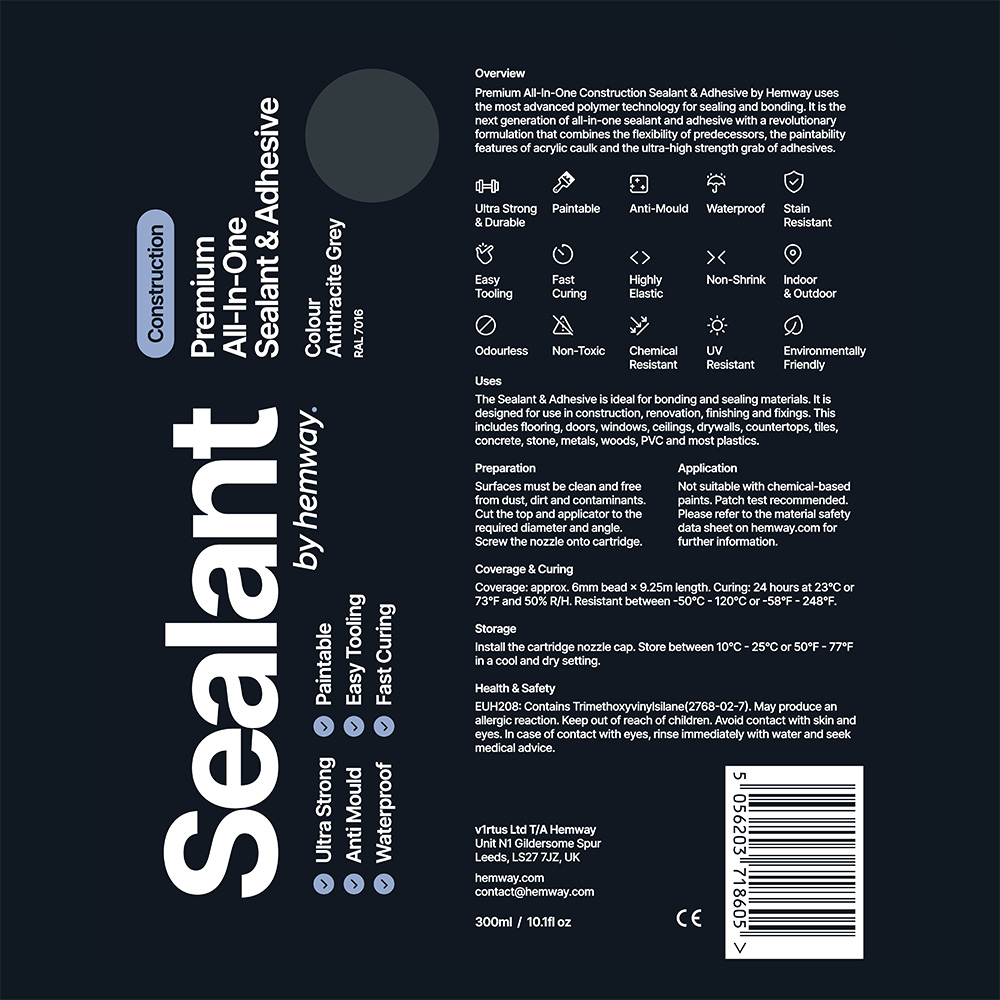 Hemway Premium All-in-One Anthracite Grey Sealant and Adhesive 300ml Image 8