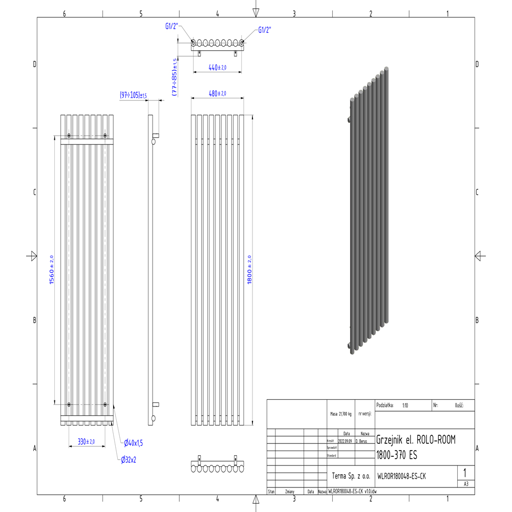 Terma Rolo-Room E Wi-Fi True Copper Electric Radiator 1000W 1800 x 480mm Image 9