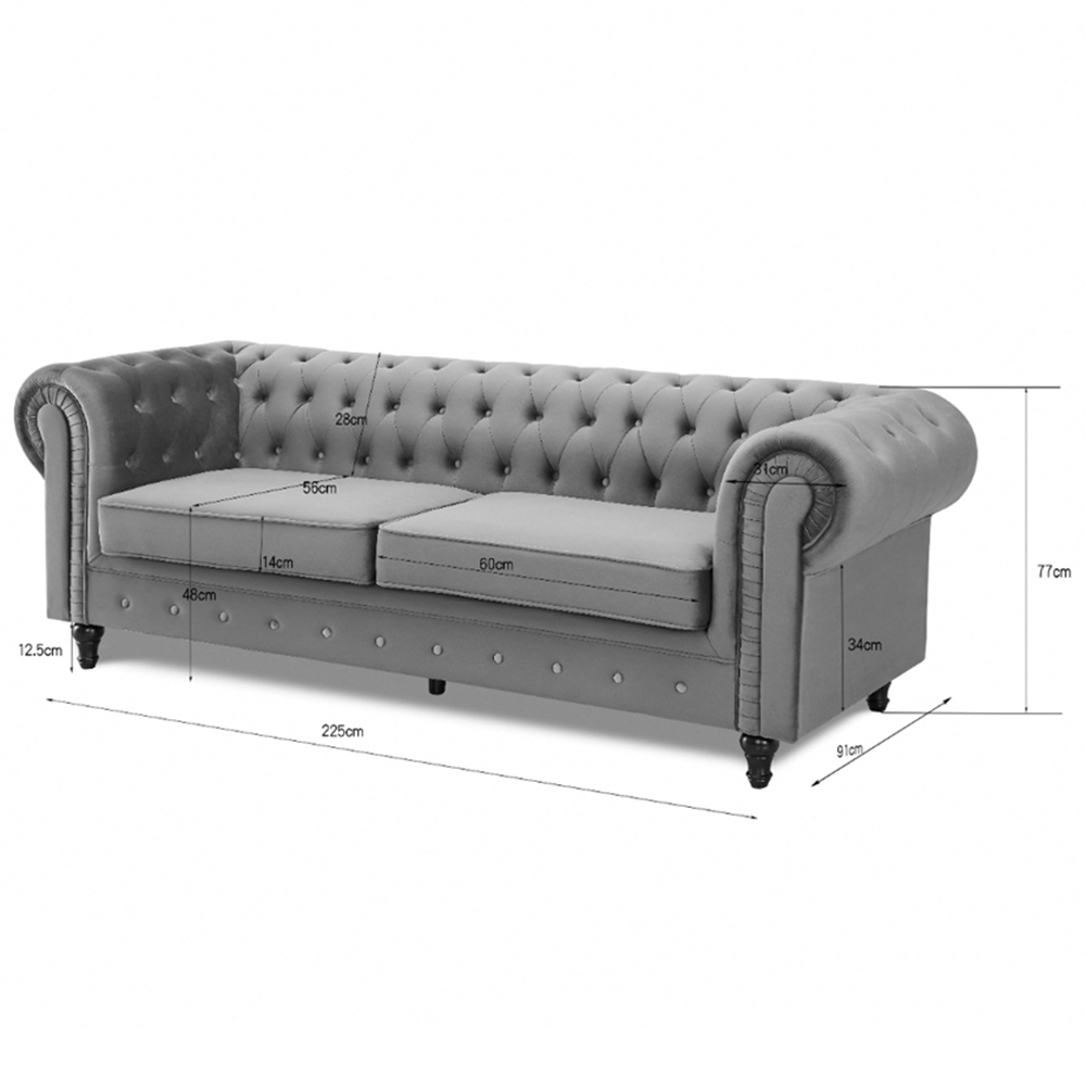 Home Detail Chesterfield 3 Seater Pleat Grey Velvet Sofa Image 8