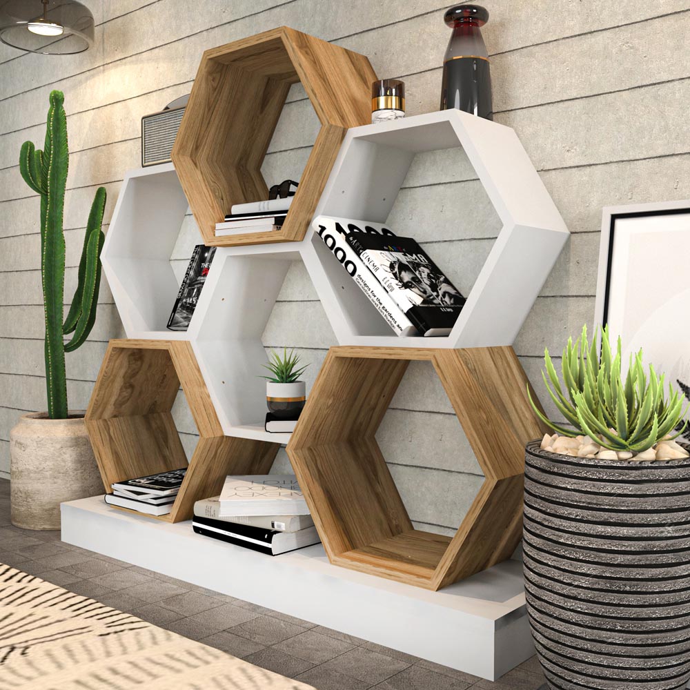 Decorotika Flower White and Oud Wide Hexagonal Bookcase Image 4