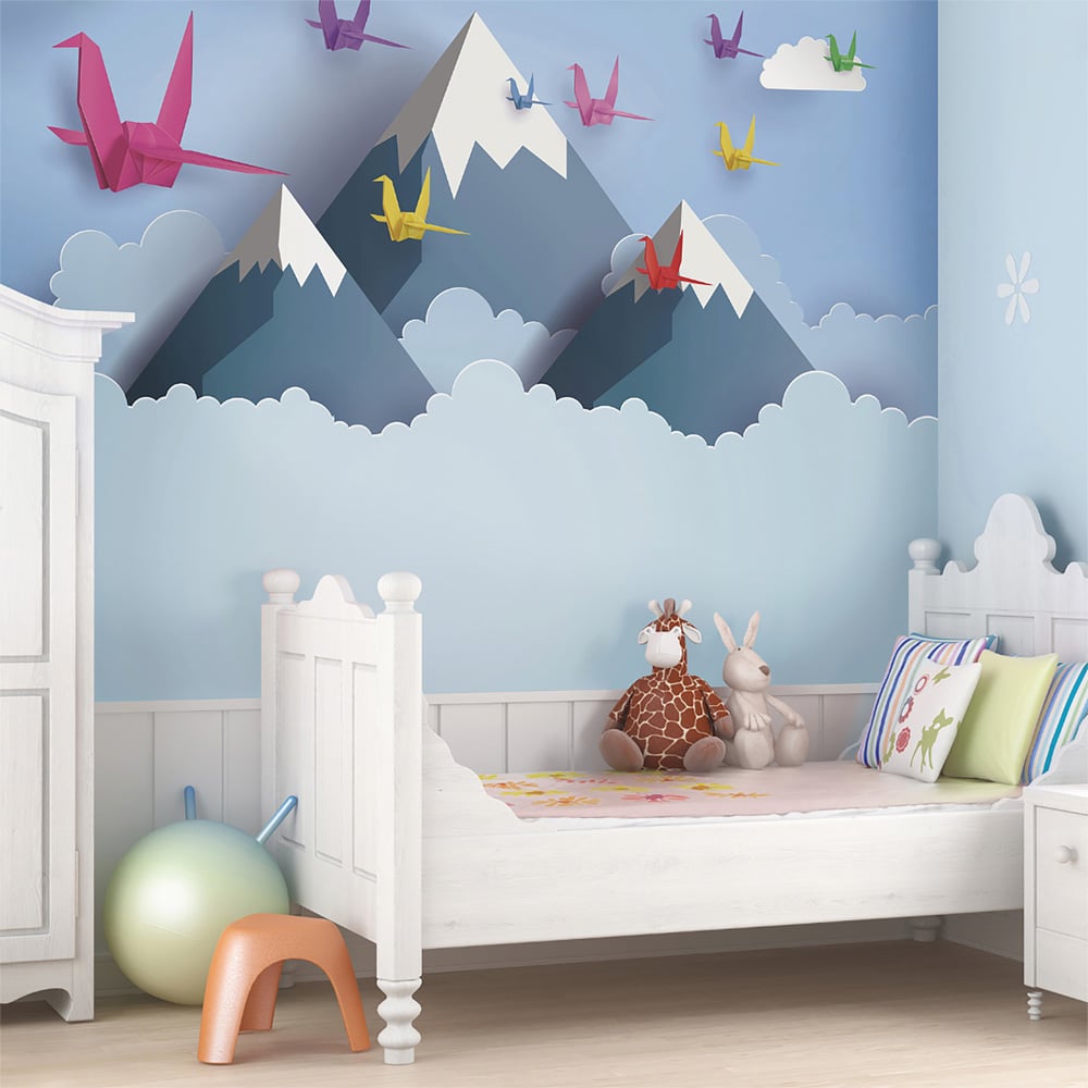 Origin Murals Origami Mountains Blue Wall Mural Image 1
