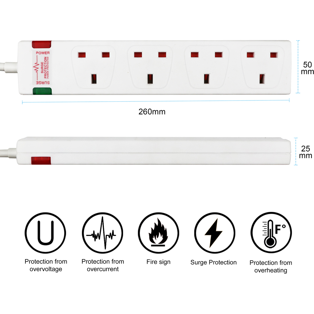 ExtraStar White 13A 3m 4 Socket Surge Protected Extension Lead Image 6