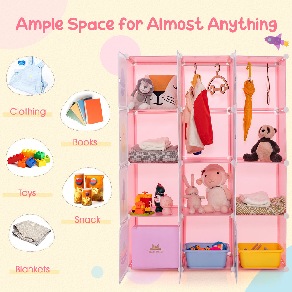 Costway 12 Cube Pink Portable Kids Wardrobe with Hanging Section Image 6