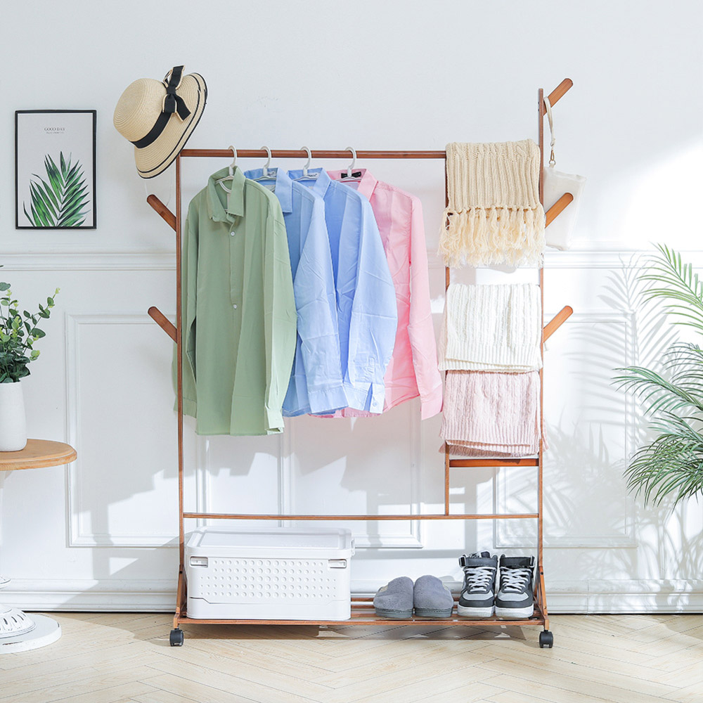 Living and Home Brown Bamboo Freestanding Clothing Rack With Storage Shelf Image 6