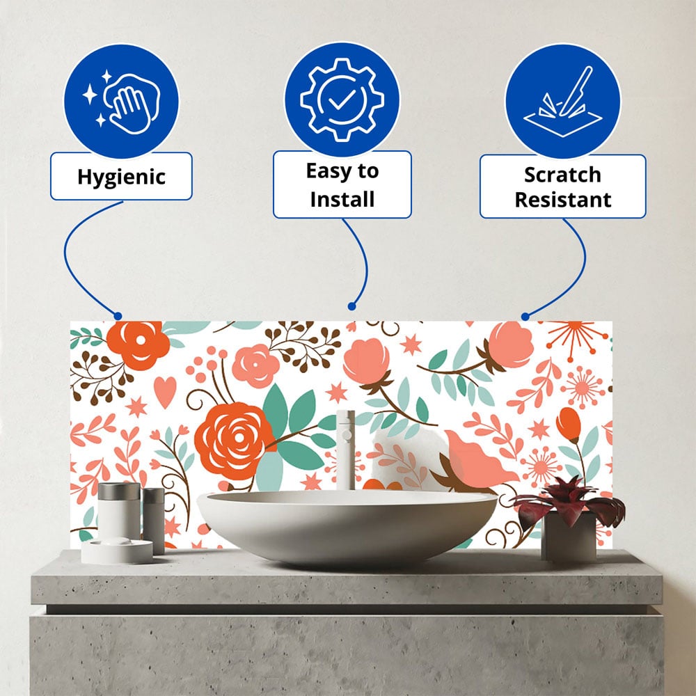 Warren Reed Designer Orange Floral Pattern Glass Bathroom Splashback 25 x 60cm Image 3