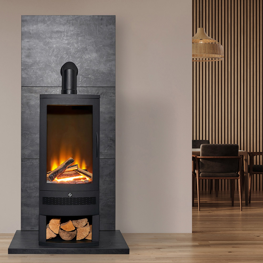Acantha Horizon Black Electric Stove with Log Storage and Angled Stove Pipe Image 2