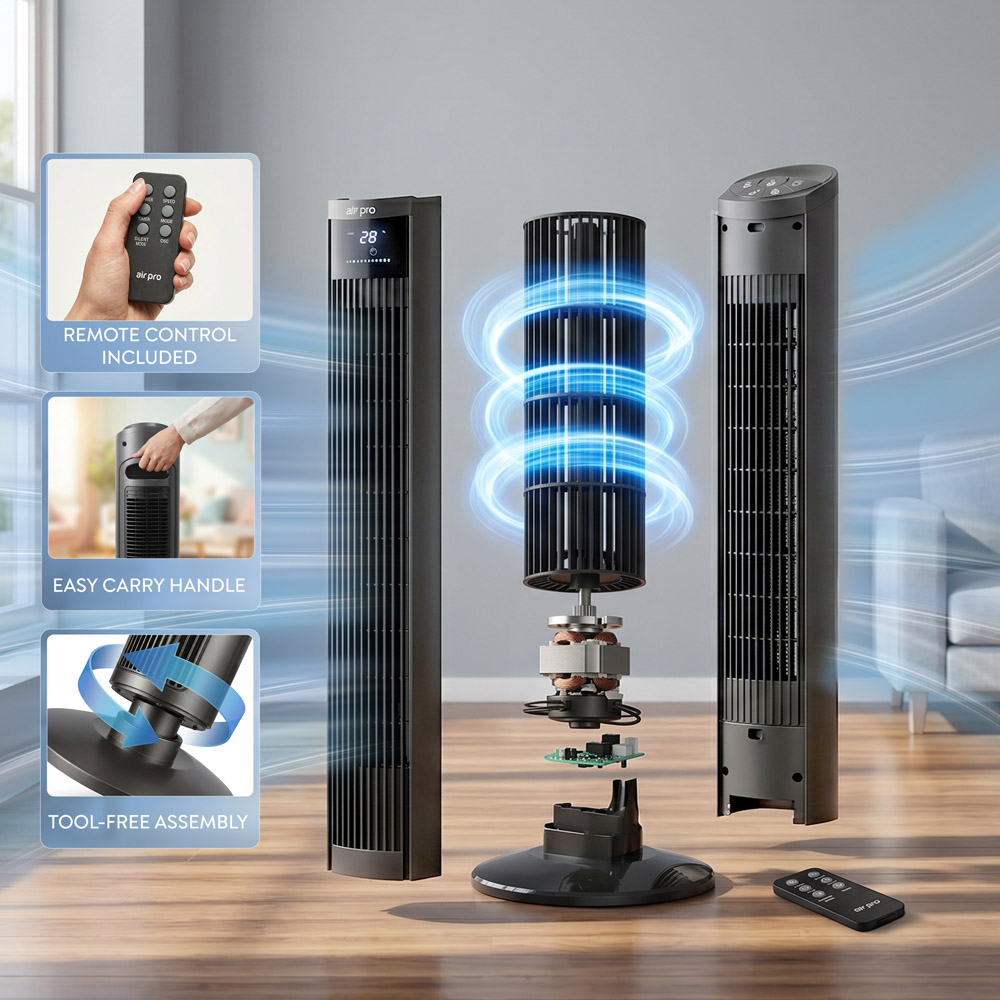Air Pro Grey Oscillating Bladeless Tower Fan with Remote 36 inch Image 4
