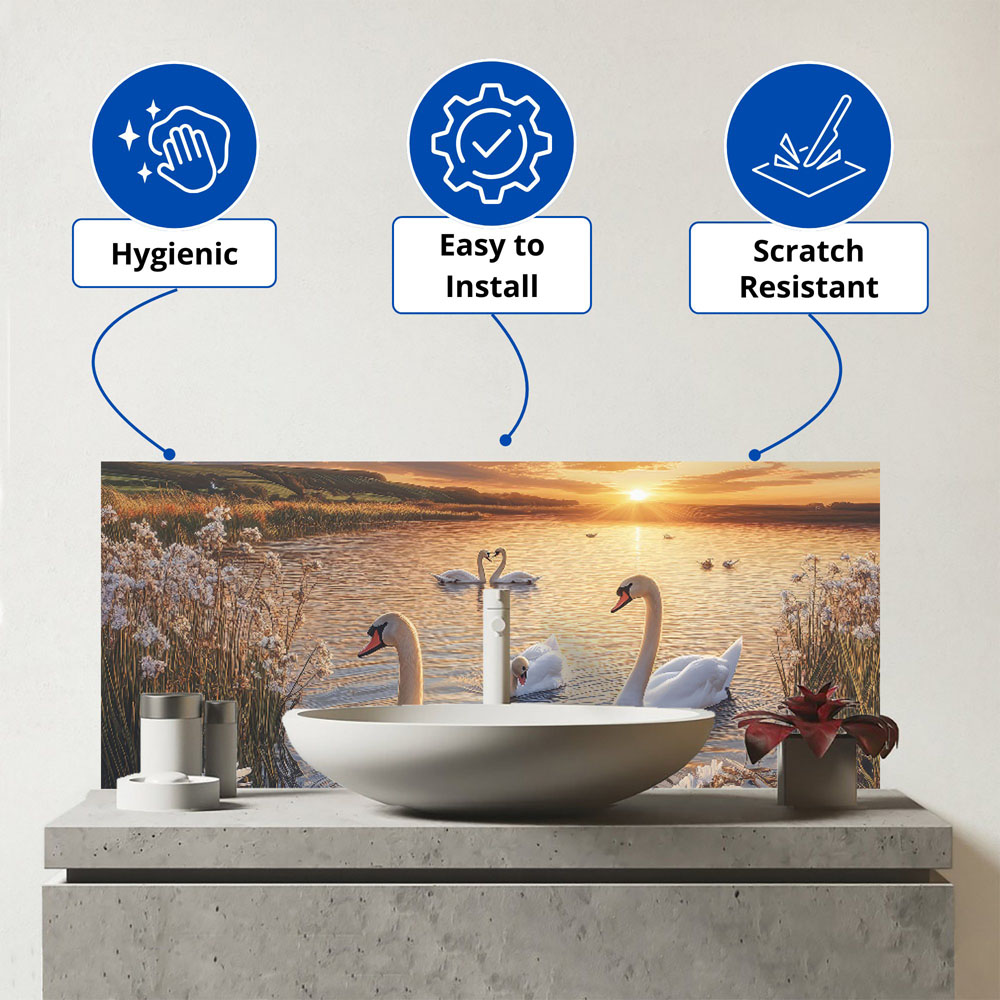 Warren Reed Designer Swans at Sunset in a Beautiful Lake Glass Bathroom Splashback 25 x 60cm Image 3