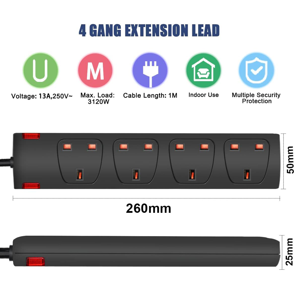 ExtraStar 13A 1m 4 Socket Child Resistant Black Extension Lead with Indicate Light Image 5