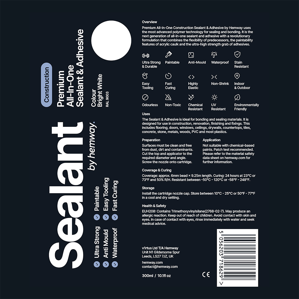 Hemway Premium All-in-One Bright White Sealant and Adhesive 300ml 9 Pack Image 8