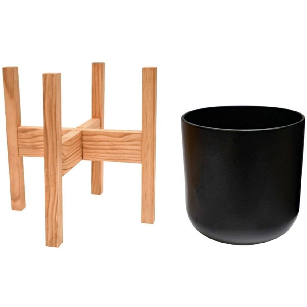 Ivyline Lisbon Black Plant Pot with Wooden Stand 20.5cm Image 2