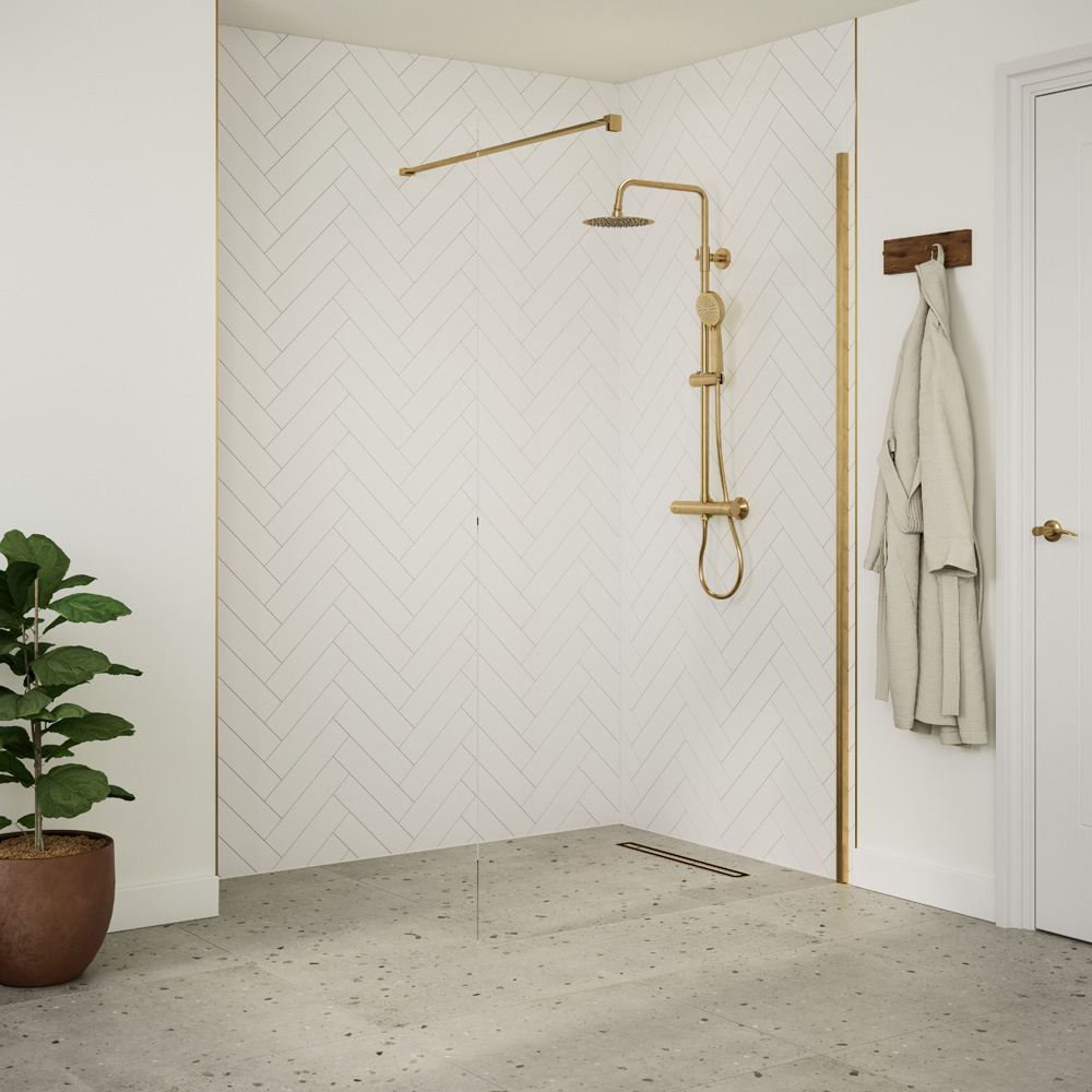 Bathstore Nero Glass Wetroom Shower Panel with Brushed Brass Profile and Front Bar 760mm Image 2