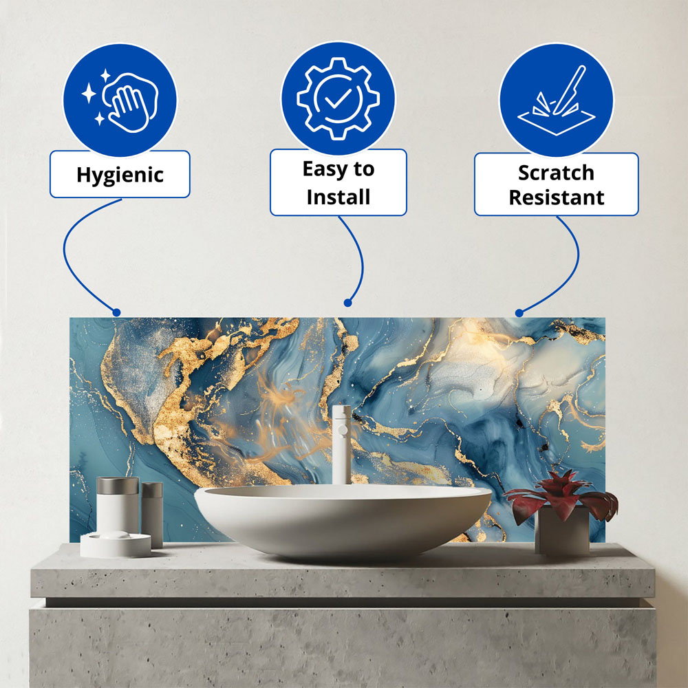 Warren Reed Designer Azure and Gold Marble Effect Bathroom Splashback 25 x 60cm Image 3